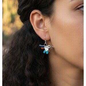 Zuni Hummingbird Inlay Earrings Tommy Waleya Multi-Stone Inlay Dangle Earrings**